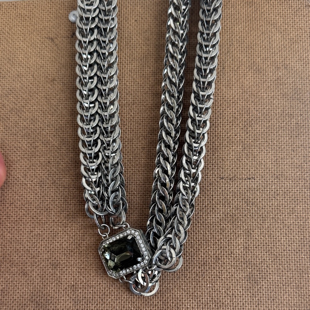 Sterling-Tone Multi-Chain Necklace with Dark Green Stone